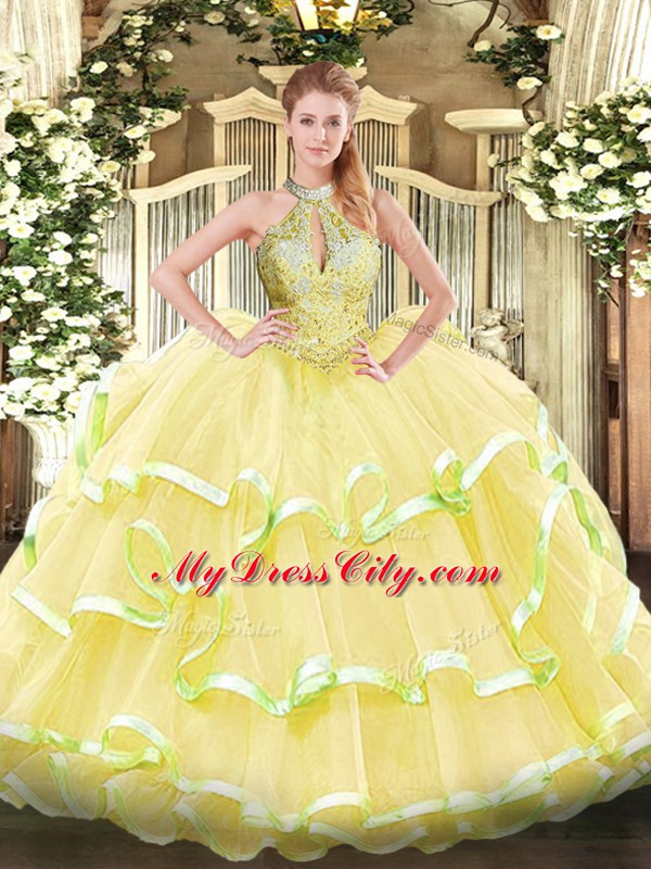 Floor Length Ball Gowns Sleeveless Yellow Sweet 16 Quinceanera Dress Lace Up