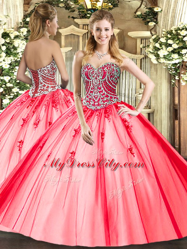 Coral Red Ball Gowns Tulle Sweetheart Sleeveless Beading and Appliques Floor Length Lace Up 15 Quinceanera Dress