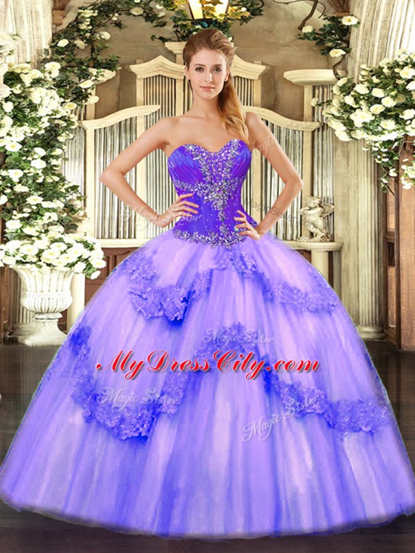 Floor Length Lace Up Ball Gown Prom Dress Lavender for Sweet 16 and Quinceanera with Beading