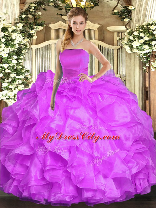 Floor Length Lace Up Quinceanera Dresses Lilac for Military Ball and Sweet 16 and Quinceanera with Ruffles