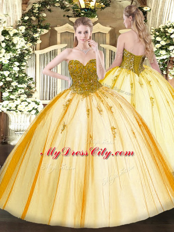 Deluxe Sleeveless Tulle Floor Length Lace Up Quinceanera Dress in Gold with Beading