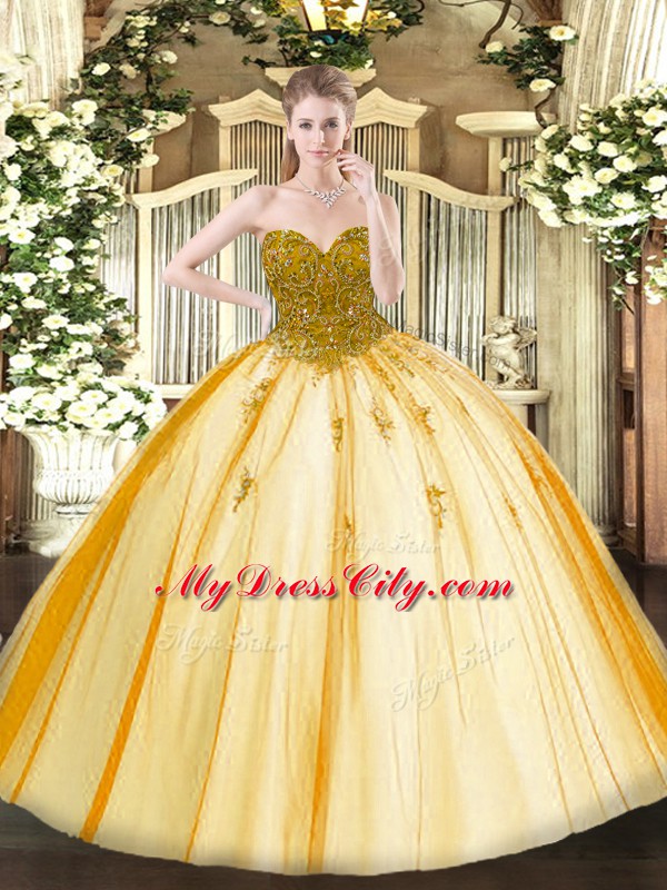 Deluxe Sleeveless Tulle Floor Length Lace Up Quinceanera Dress in Gold with Beading