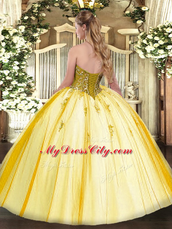 Deluxe Sleeveless Tulle Floor Length Lace Up Quinceanera Dress in Gold with Beading