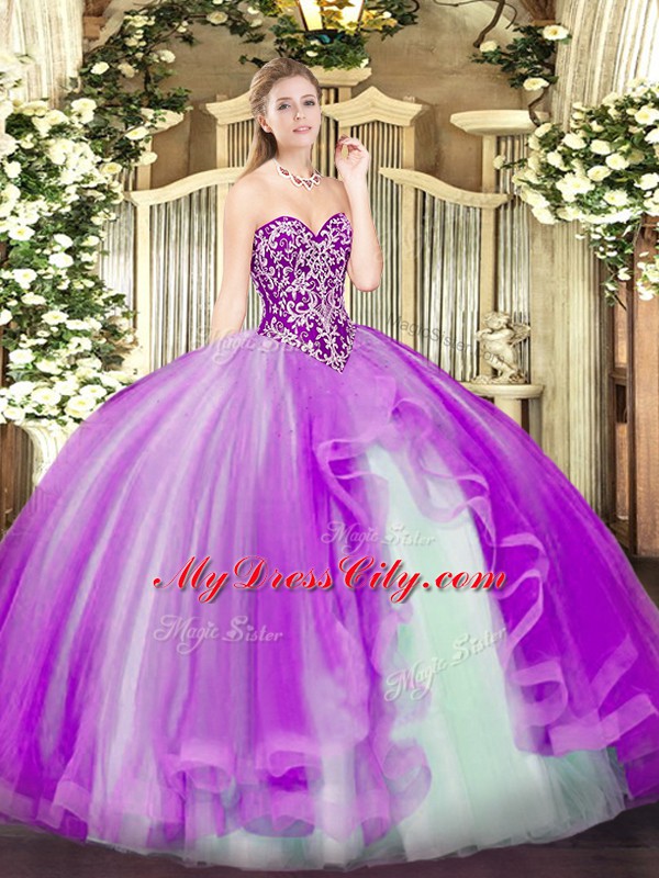 Luxurious Floor Length Lace Up Sweet 16 Dress Lilac for Military Ball and Sweet 16 and Quinceanera with Beading and Ruffles