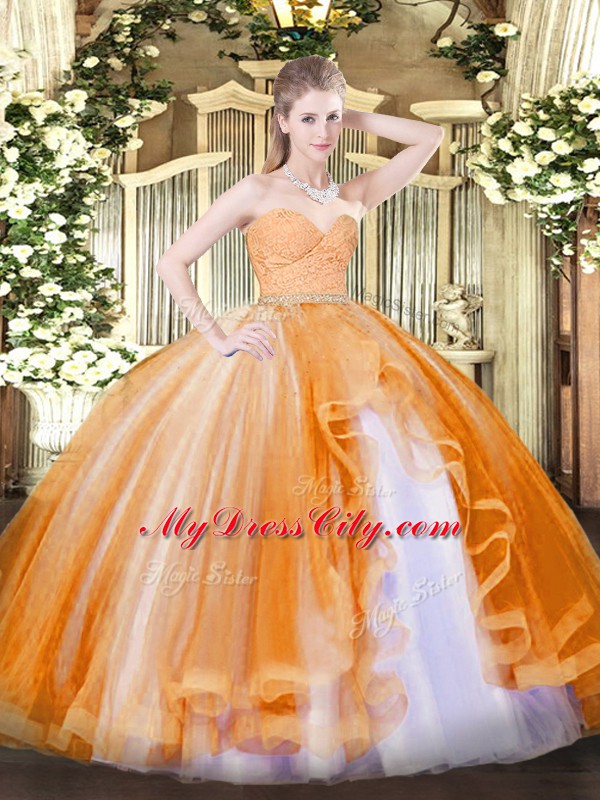 Excellent Orange Ball Gowns Beading and Lace and Ruffles Vestidos de Quinceanera Zipper Tulle Sleeveless Floor Length