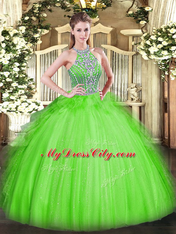 Eye-catching Halter Top Sleeveless 15 Quinceanera Dress Floor Length Beading and Ruffles Tulle