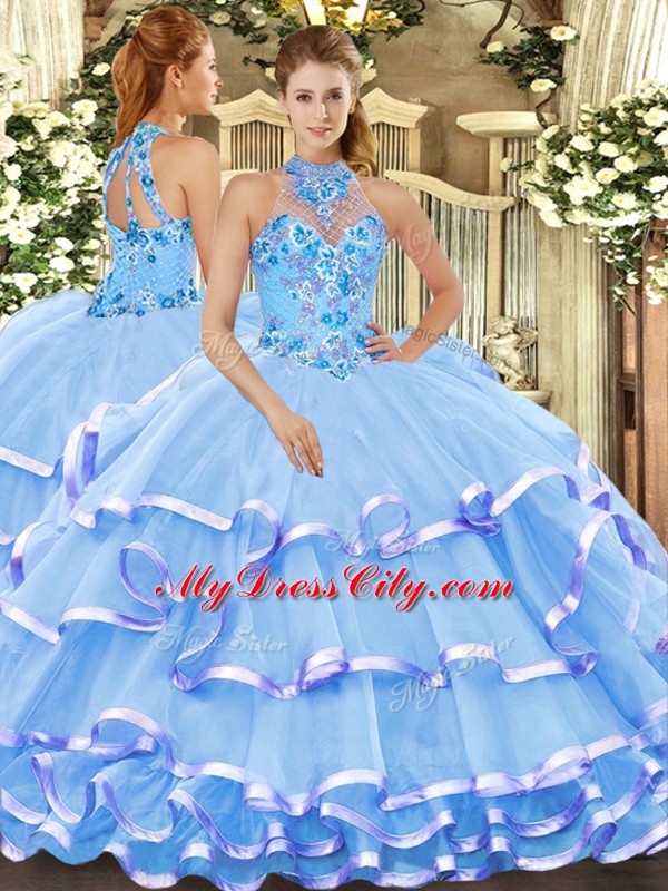 Suitable Ball Gowns 15th Birthday Dress Baby Blue Halter Top Organza Sleeveless Floor Length Lace Up