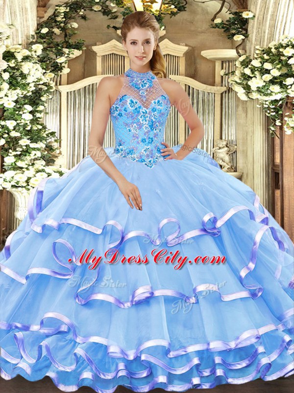 Suitable Ball Gowns 15th Birthday Dress Baby Blue Halter Top Organza Sleeveless Floor Length Lace Up