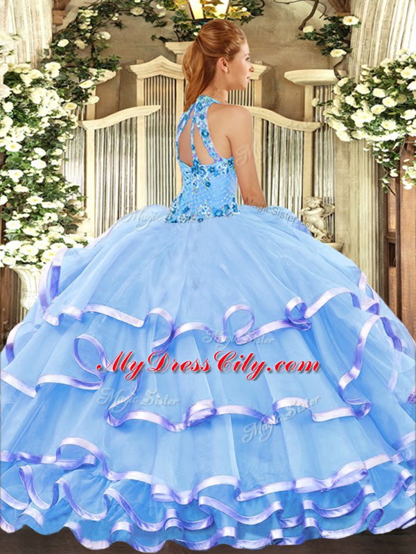 Suitable Ball Gowns 15th Birthday Dress Baby Blue Halter Top Organza Sleeveless Floor Length Lace Up