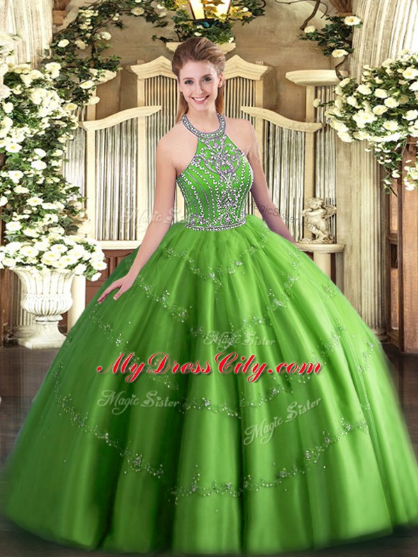 Fitting Halter Top Neckline Beading and Appliques Quinceanera Gowns Sleeveless Lace Up