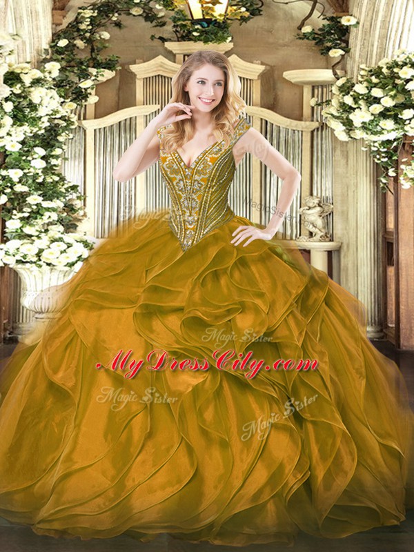 Brown Sweet 16 Quinceanera Dress Military Ball and Sweet 16 and Quinceanera with Beading and Ruffles V-neck Sleeveless Lace Up