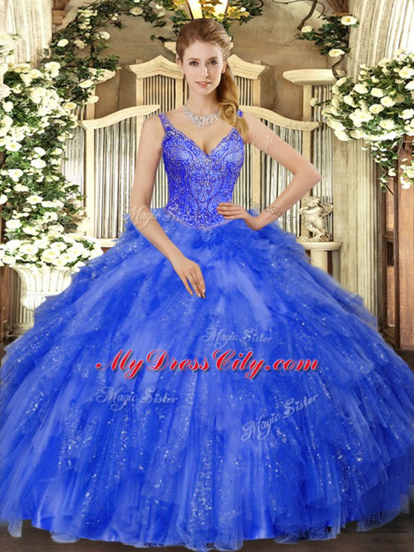 High End Royal Blue Quinceanera Dress Military Ball and Sweet 16 and Quinceanera with Beading and Ruffles V-neck Sleeveless Lace Up