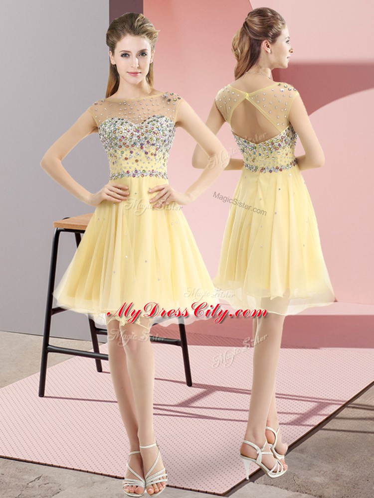 Light Yellow Prom Evening Gown Prom and Party with Beading Bateau Sleeveless Side Zipper