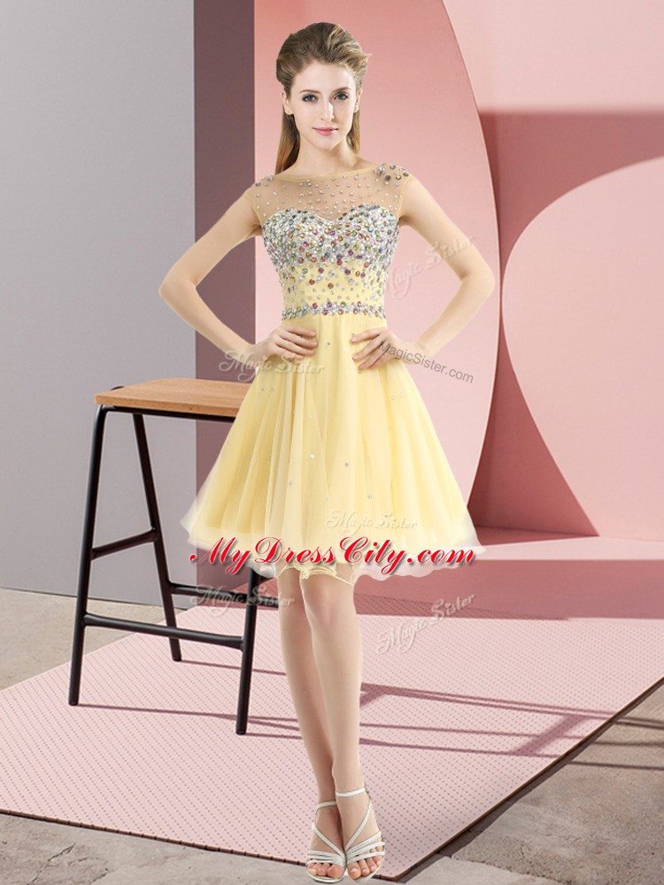 Light Yellow Prom Evening Gown Prom and Party with Beading Bateau Sleeveless Side Zipper