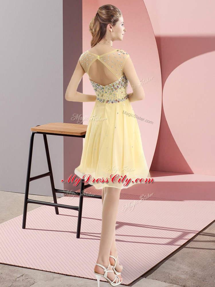 Light Yellow Prom Evening Gown Prom and Party with Beading Bateau Sleeveless Side Zipper