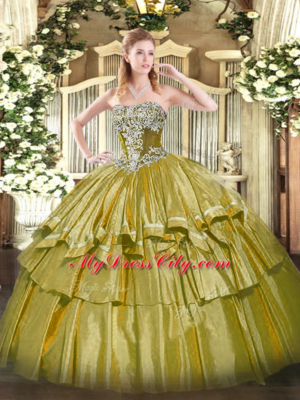 Custom Made Olive Green Sleeveless Organza and Taffeta Lace Up Quinceanera Dresses for Military Ball and Sweet 16 and Quinceanera