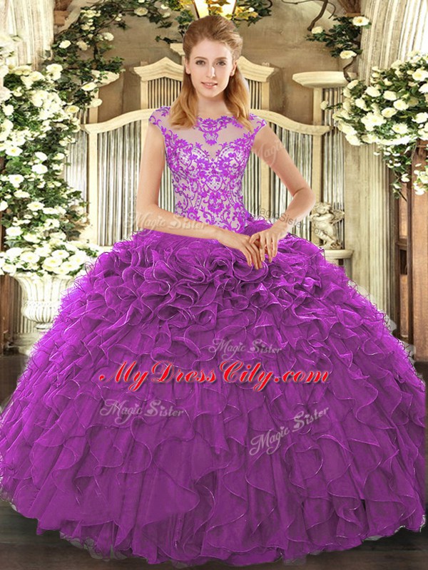 Exquisite Scoop Cap Sleeves Lace Up Quinceanera Gown Eggplant Purple Organza