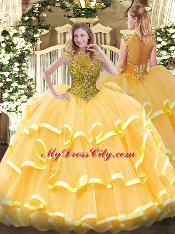 Low Price Gold Cap Sleeves Floor Length Beading and Ruffled Layers Zipper Quinceanera Gown