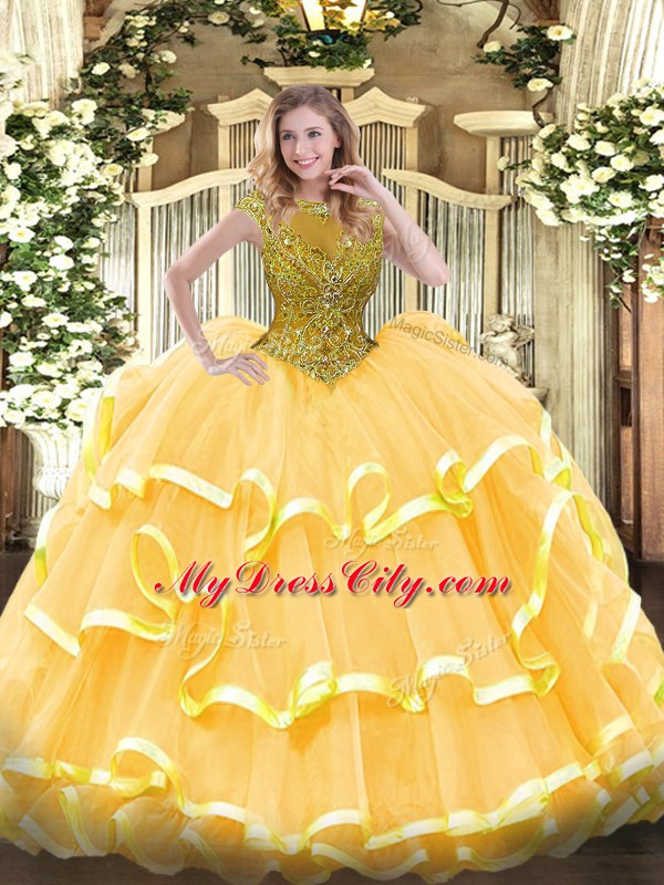 Low Price Gold Cap Sleeves Floor Length Beading and Ruffled Layers Zipper Quinceanera Gown