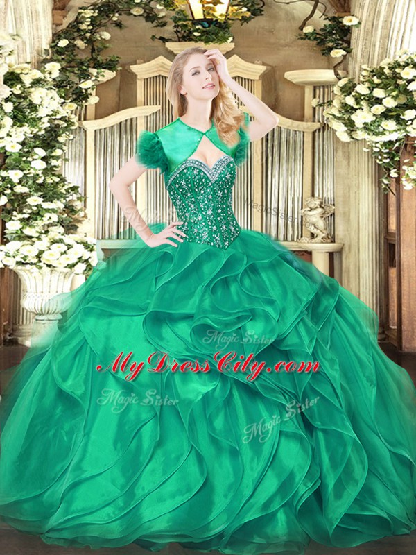 Romantic Turquoise Organza Lace Up Quince Ball Gowns Sleeveless Floor Length Beading and Ruffles