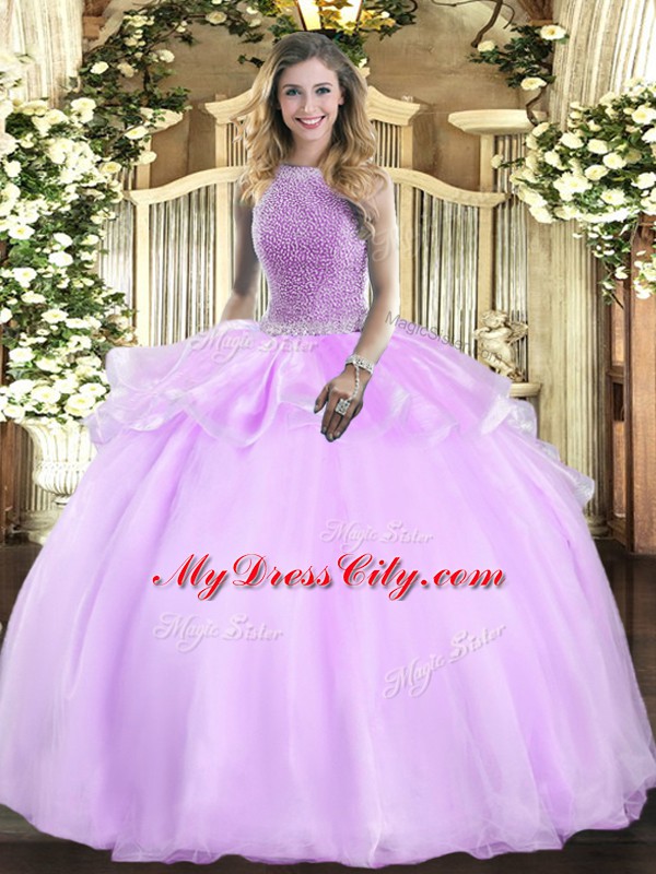 Lilac Vestidos de Quinceanera Military Ball and Sweet 16 and Quinceanera with Beading High-neck Sleeveless Lace Up