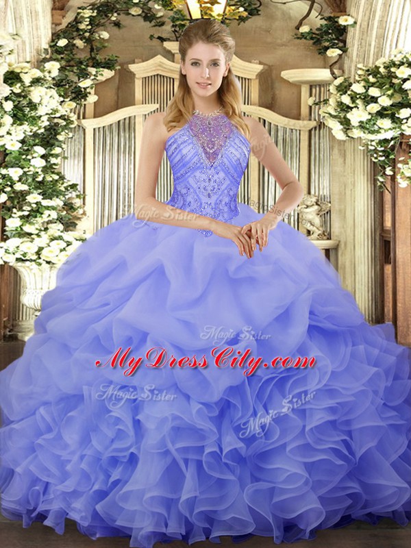 Sleeveless Beading and Ruffles and Pick Ups Lace Up 15th Birthday Dress