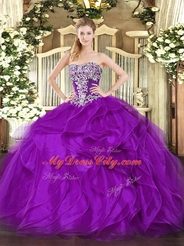 Fashionable Sleeveless Organza Floor Length Lace Up Sweet 16 Dress in Purple with Beading and Ruffles