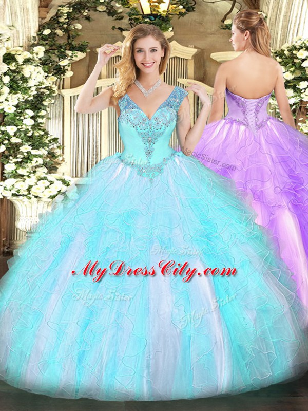 Dynamic V-neck Sleeveless Lace Up Quinceanera Dresses Aqua Blue Organza