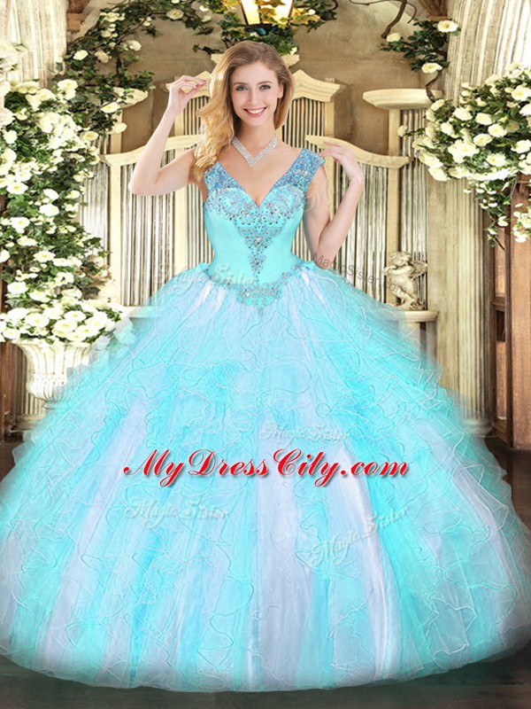 Dynamic V-neck Sleeveless Lace Up Quinceanera Dresses Aqua Blue Organza