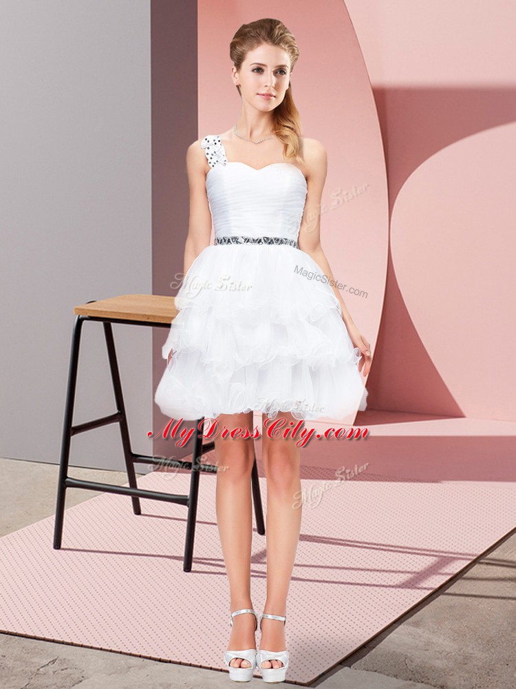 Traditional One Shoulder Sleeveless Lace Up Prom Dress White Organza