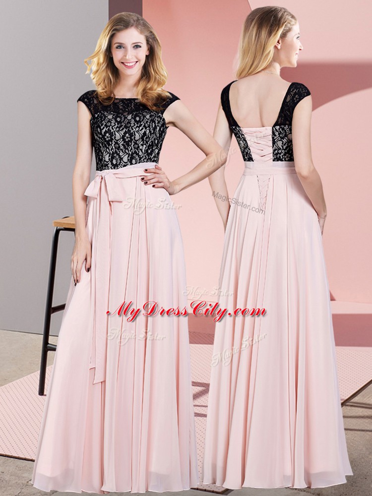 Baby Pink Empire Scoop Sleeveless Chiffon Floor Length Lace Up Lace and Belt Homecoming Dress