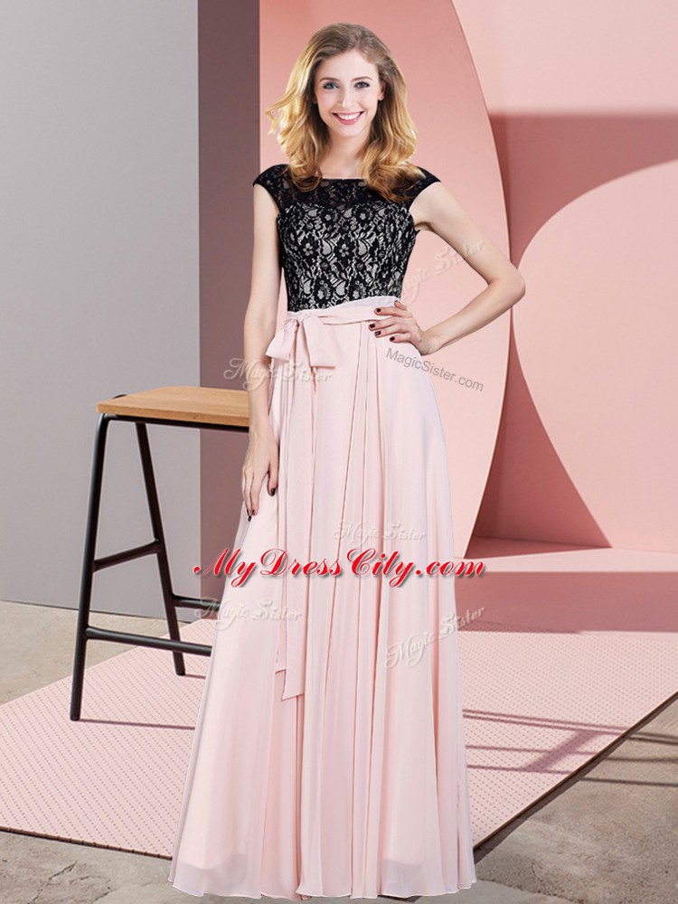 Baby Pink Empire Scoop Sleeveless Chiffon Floor Length Lace Up Lace and Belt Homecoming Dress