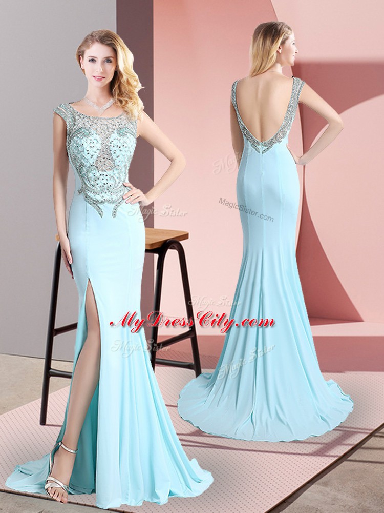 Luxury Aqua Blue Scoop Neckline Beading Evening Dress Sleeveless Backless