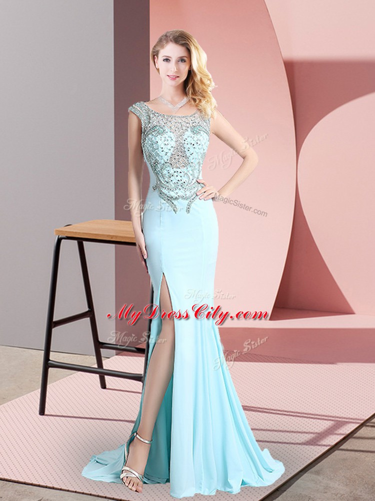 Luxury Aqua Blue Scoop Neckline Beading Evening Dress Sleeveless Backless