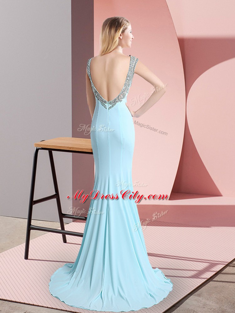 Luxury Aqua Blue Scoop Neckline Beading Evening Dress Sleeveless Backless