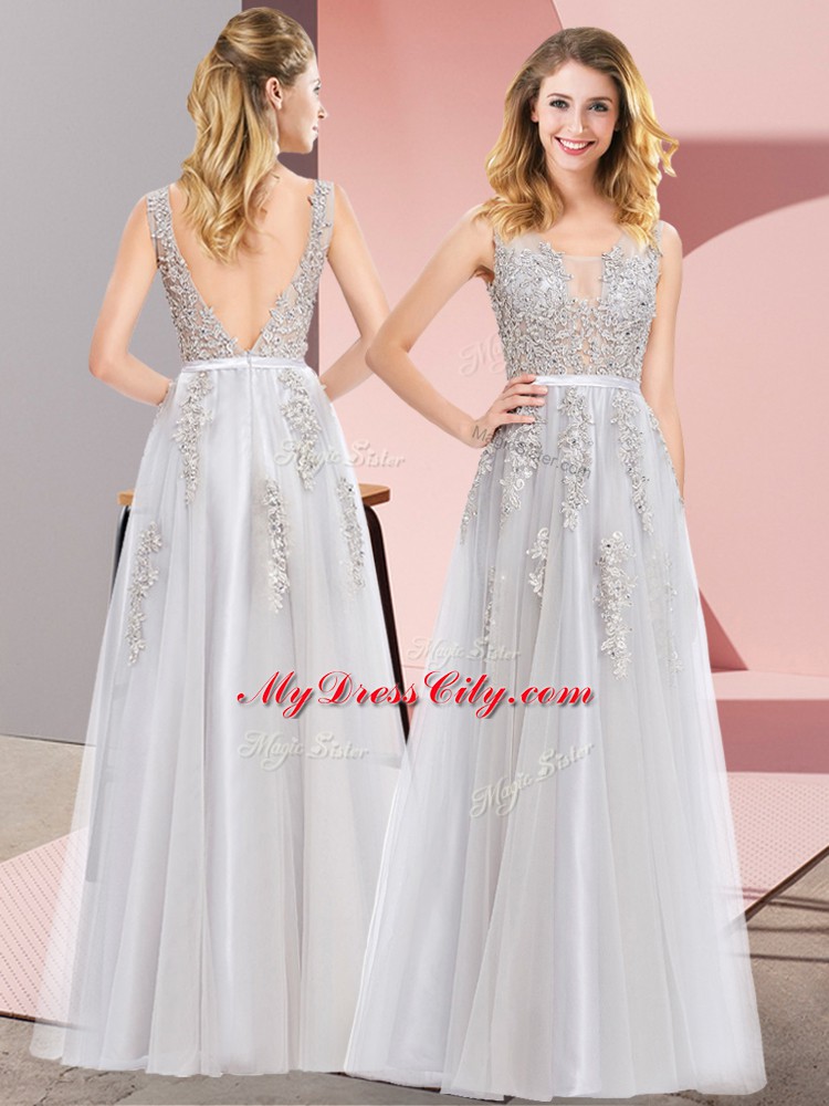 Great Grey Sleeveless Lace and Appliques Floor Length Dress for Prom