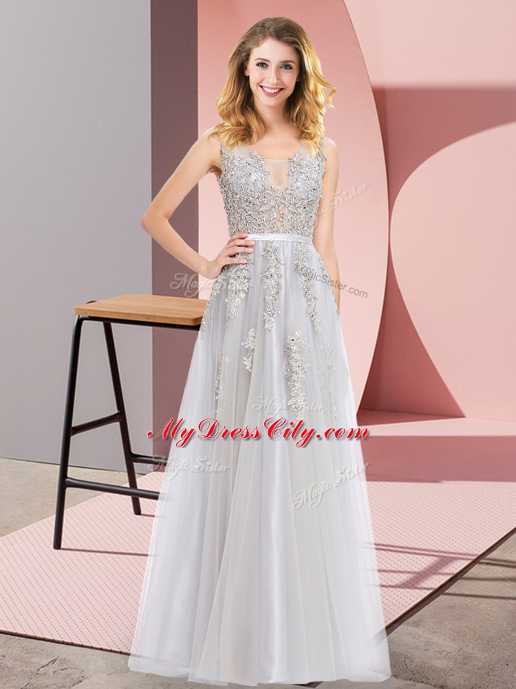 Great Grey Sleeveless Lace and Appliques Floor Length Dress for Prom