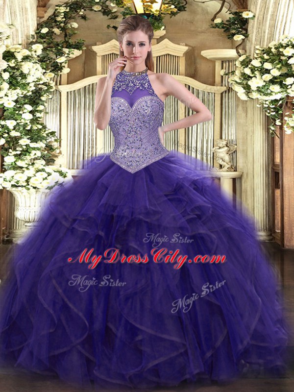 Sexy Sleeveless Floor Length Beading and Ruffled Layers Lace Up Sweet 16 Dress with Purple