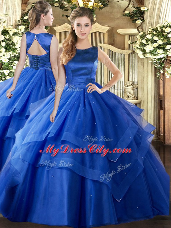 Scoop Sleeveless Lace Up Ball Gown Prom Dress Blue Tulle