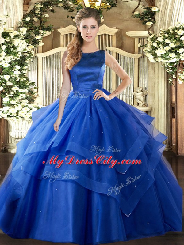 Scoop Sleeveless Lace Up Ball Gown Prom Dress Blue Tulle