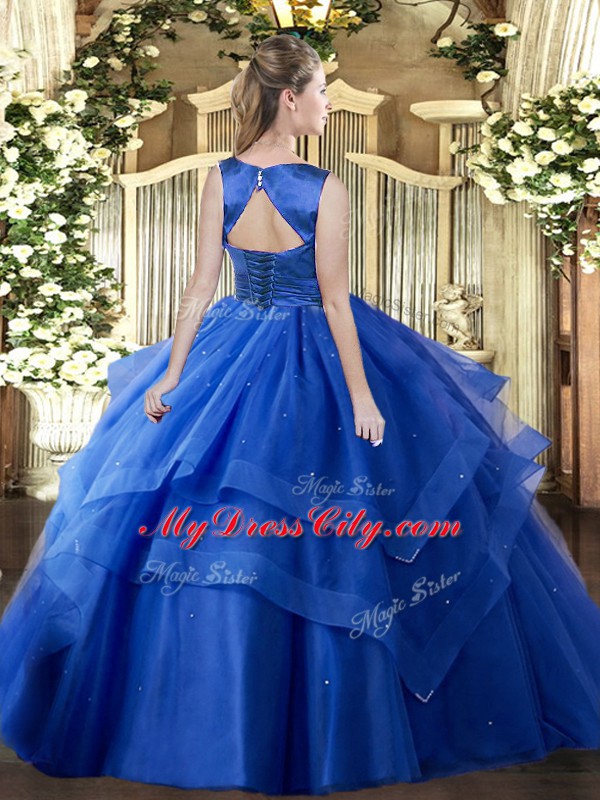 Scoop Sleeveless Lace Up Ball Gown Prom Dress Blue Tulle