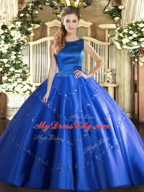 High Class Tulle Sleeveless Floor Length 15 Quinceanera Dress and Appliques