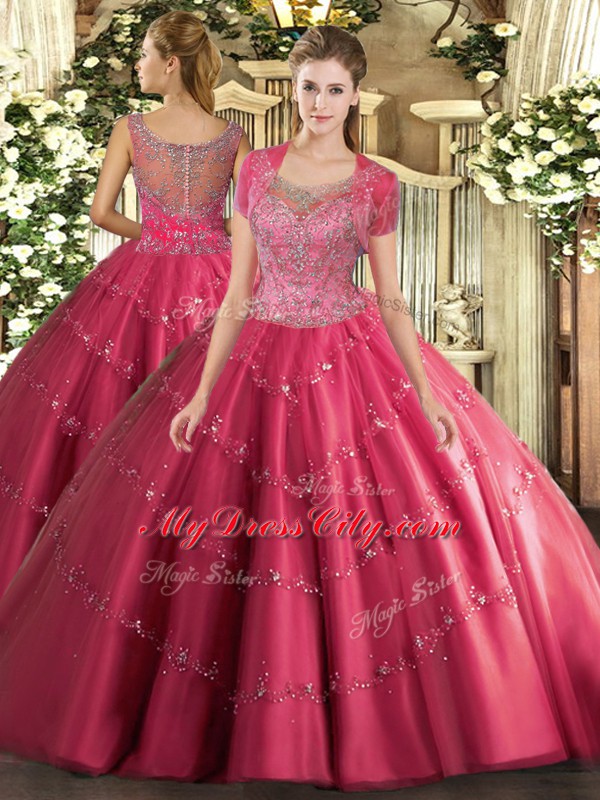 Hot Pink Ball Gowns Tulle Scoop Sleeveless Beading and Appliques Floor Length Clasp Handle Sweet 16 Quinceanera Dress