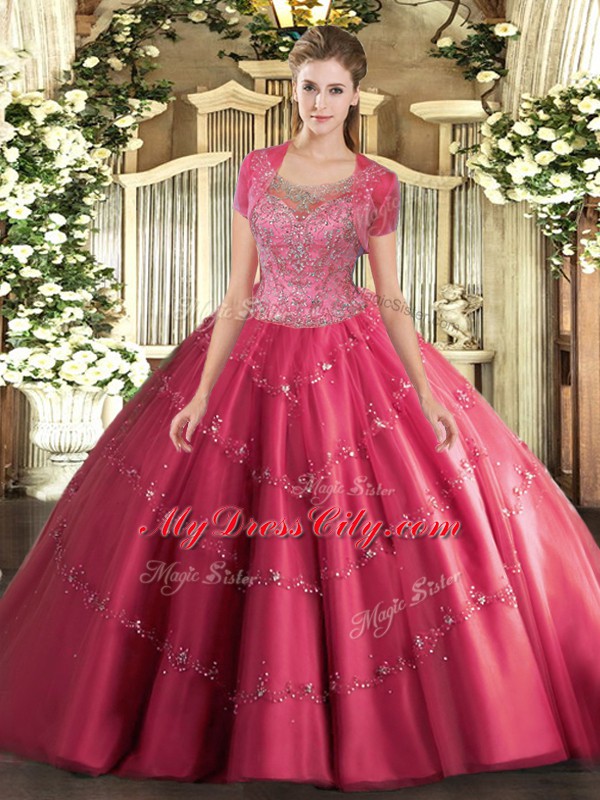 Hot Pink Ball Gowns Tulle Scoop Sleeveless Beading and Appliques Floor Length Clasp Handle Sweet 16 Quinceanera Dress