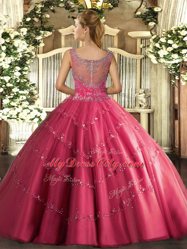 Hot Pink Ball Gowns Tulle Scoop Sleeveless Beading and Appliques Floor Length Clasp Handle Sweet 16 Quinceanera Dress