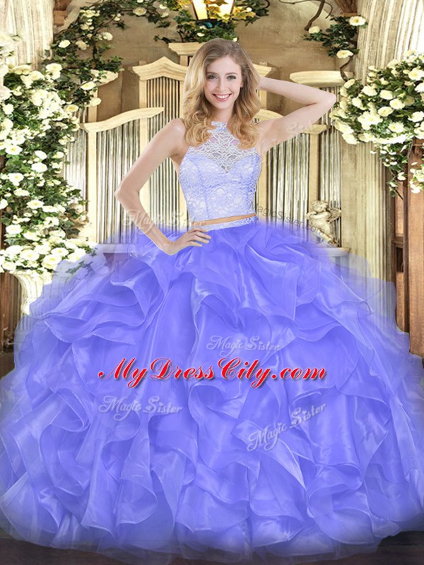 Captivating Floor Length Zipper Quinceanera Gowns Lavender for Military Ball and Sweet 16 and Quinceanera with Lace and Ruffles