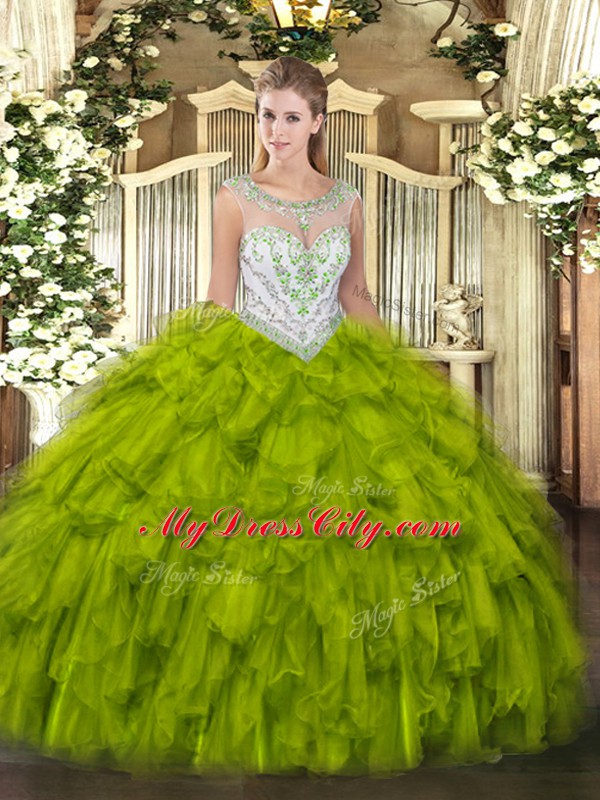 Dramatic Olive Green Scoop Zipper Beading and Ruffles Quinceanera Gown Sleeveless