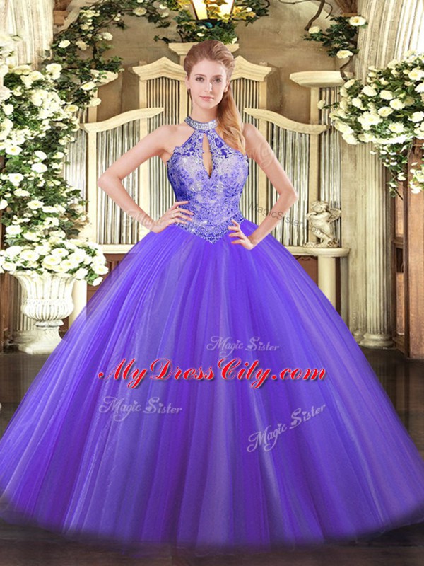 Beauteous Purple Ball Gowns Tulle Halter Top Sleeveless Sequins Floor Length Lace Up Sweet 16 Dresses