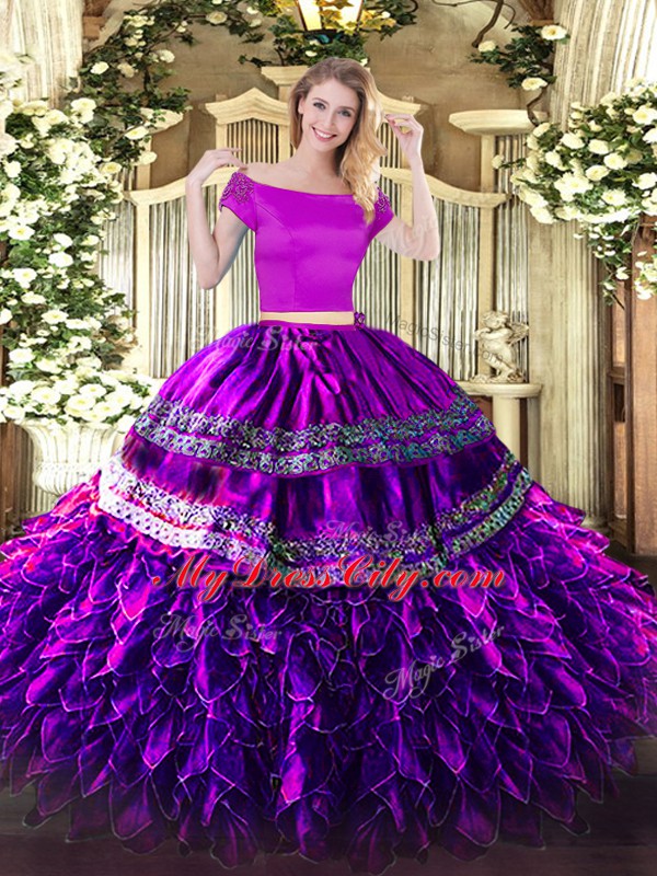 Flirting Eggplant Purple Organza and Taffeta Zipper Ball Gown Prom Dress Short Sleeves Floor Length Embroidery and Ruffles