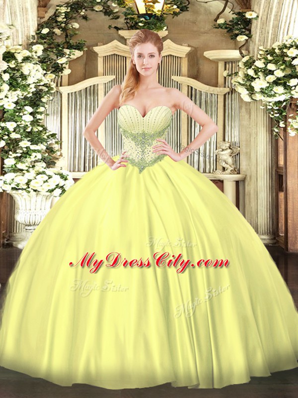 Low Price Yellow Ball Gowns Beading Quinceanera Dress Lace Up Satin Sleeveless Floor Length